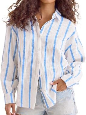 White and Light Blue Vertical Stripe Button-Down Shirt